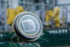 Makroaufnahme von BeePhoton Si-PIN-Photodioden auf einer Leiterplatte für die Sicherheit in der Industrieautomation