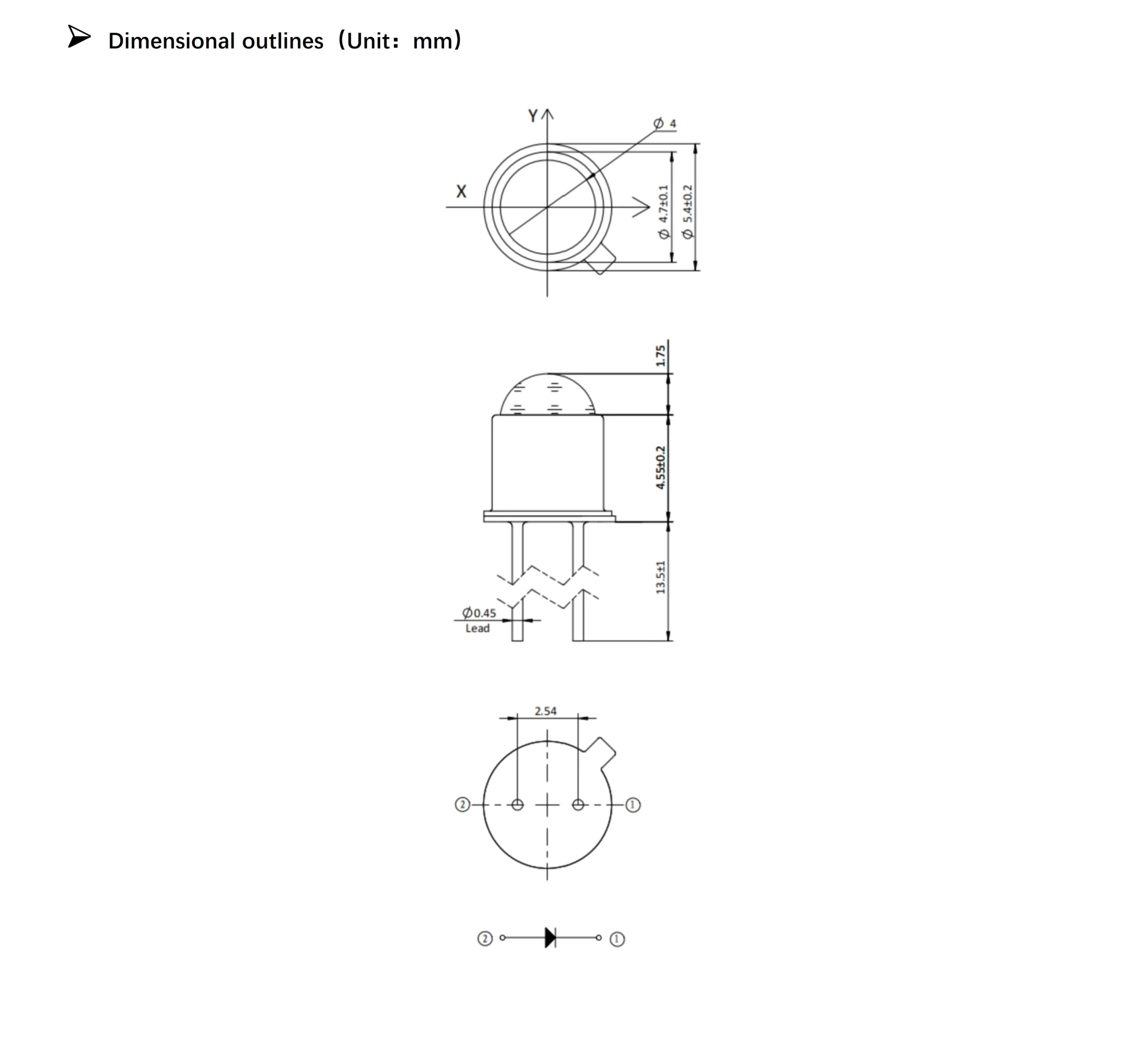 Dimensiones mecánicas y vista lateral del LED NIR de 850 nm con un ángulo de emisión de 4 grados