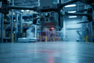 commercial drone hovering indoors using drone optical flow sensor for stability