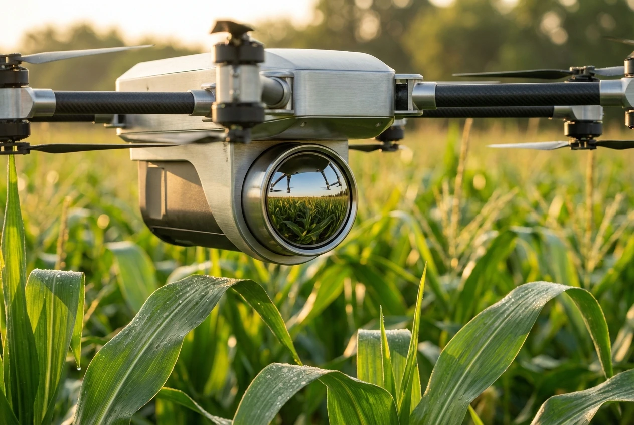 Optical sensors for agriculture mounted on a smart drone over a cornfield
