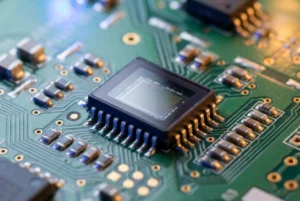 Primer plano de un ingeniero trabajando en la integración de un circuito integrado fotográfico para una placa de circuito impreso de un sensor industrial miniaturizado.