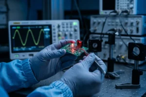 Ingenieur, der eine Fotodioden-Lichtquelle und ein Sensormodul auf Signalklarheit prüft