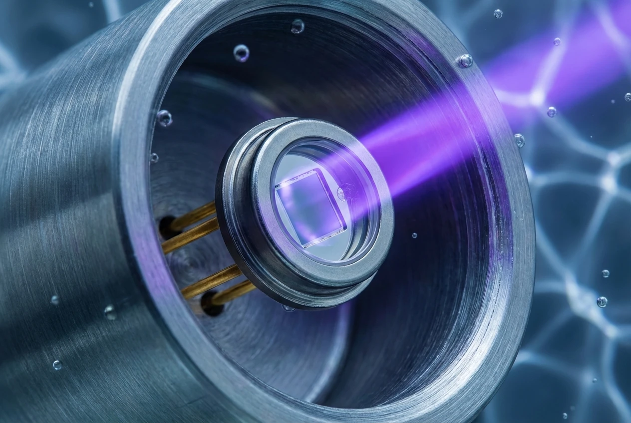 BeePhoton UV photodiode sensor monitoring water flow in a commercial sterilization chamber