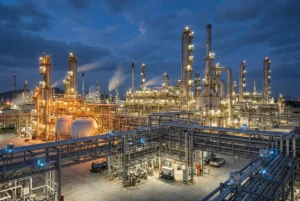 Techniker bei der Inspektion explosionsgeschützter Fotodetektoren, die mit einem Brenner-Managementsystem in einem gefährlichen Raffineriebereich verbunden sind