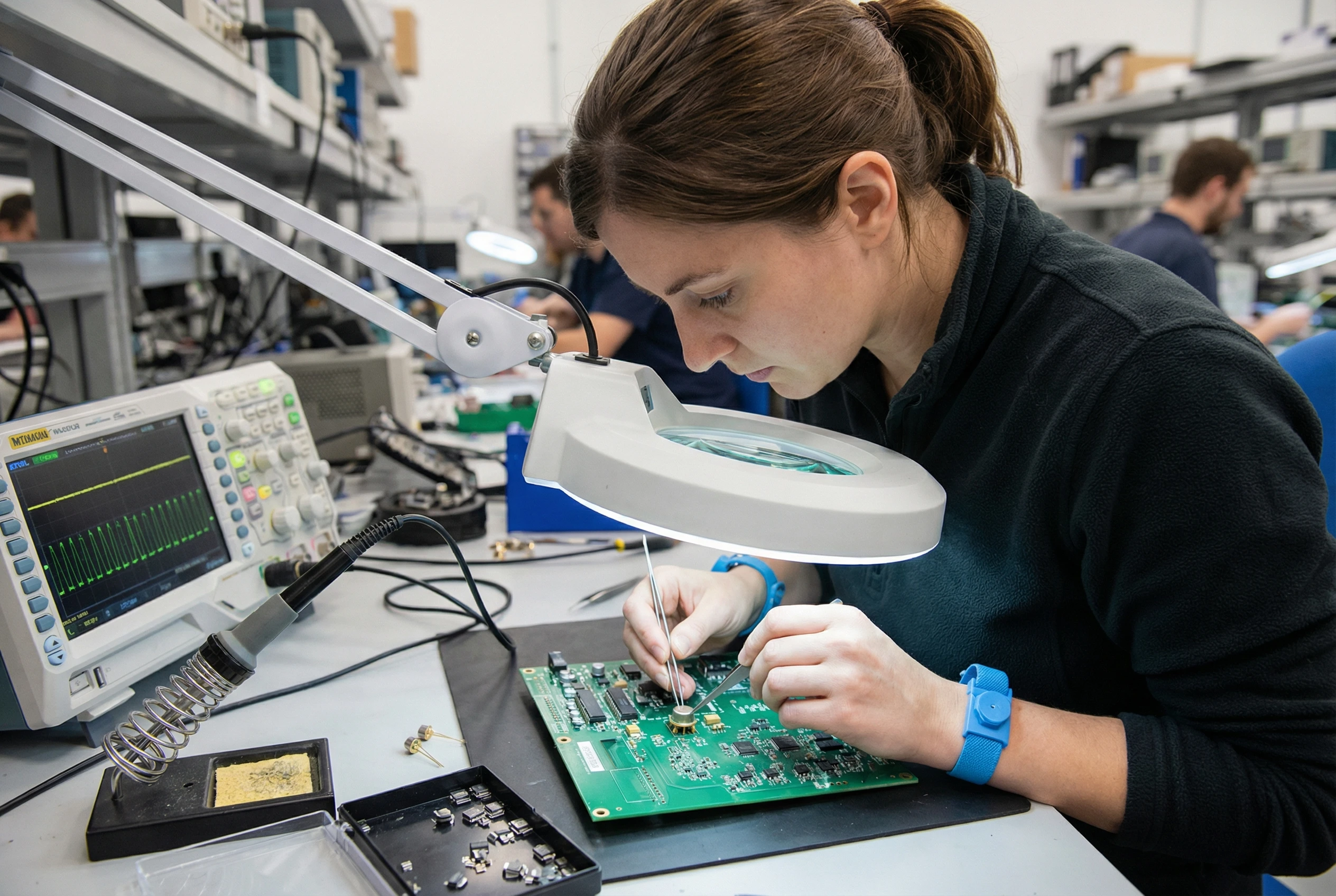 Engineer testing integrated photodiode modules on a PCB board