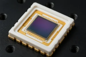 Nahaufnahme einer Silizium-Photodiode mit fotosensitiver, A/W-optimierter aktiver Fläche mit Antireflexbeschichtung