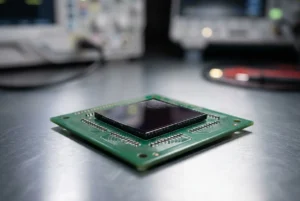 Makroaufnahme einer Präzisions-Silizium-Fotodiode auf einer Leiterplatte, die die physikalische Komponente hervorhebt, an der der hohe Shunt-Widerstand der Fotodiode für rauscharme Anwendungen gemessen wird