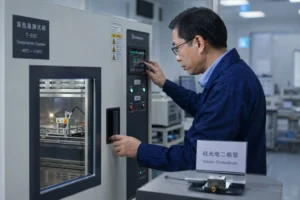 Industrieingenieur testet Temperaturkoeffizient der Dunkelstromleistung an Si-PIN-Photodiode in Labortemperaturkammer