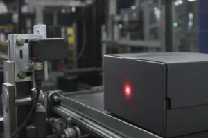 An industrial photoelectric sensor utilizing a high power 625nm red LED to project a visible red alignment spot on a conveyor belt assembly line