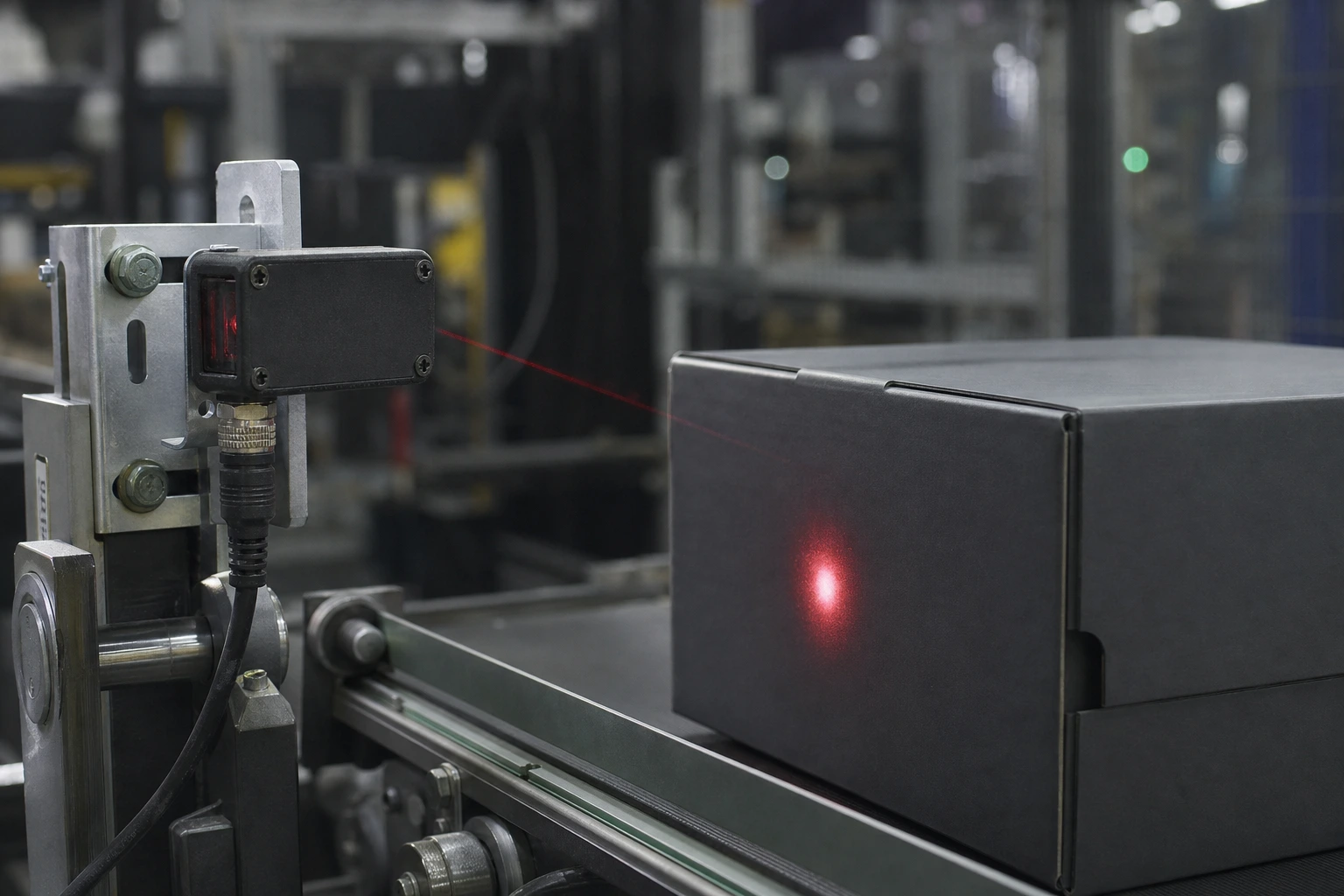 An industrial photoelectric sensor utilizing a high power 625nm red LED to project a visible red alignment spot on a conveyor belt assembly line
