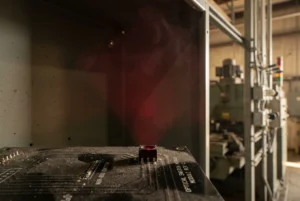 Industrial 850nm NIR LED emitting infrared beam in optical switch application for reliable factory automation