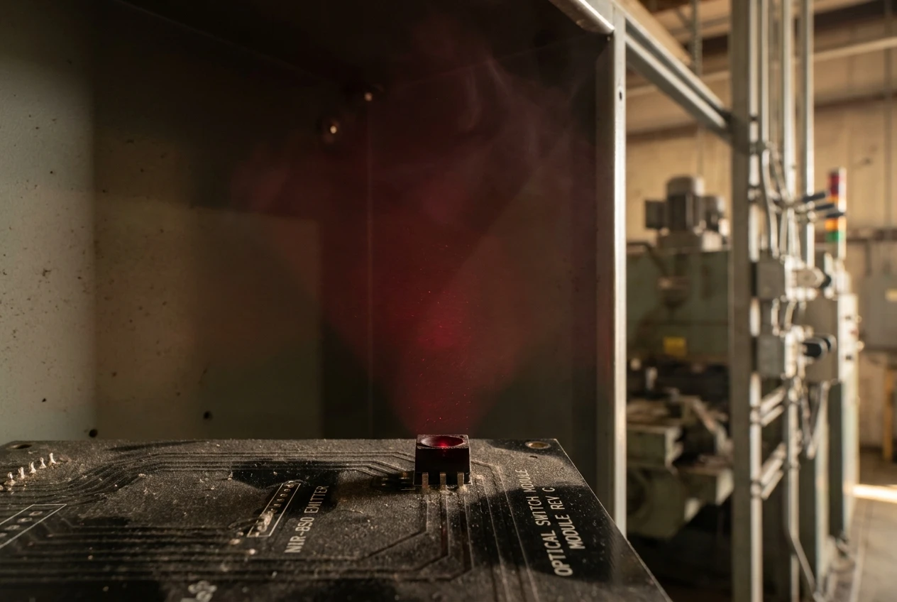 Industrial 850nm NIR LED emitting infrared beam in optical switch application for reliable factory automation