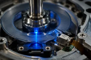Close-up of a modern optical encoder assembly utilizing a brilliant blue LED for encoders to project light through a fine glass code disc