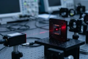 Realistisches Foto einer Silizium-Photodiode, die während der Messung des Photodiodenstroms in einem professionellen Optiklabor einen Laserstrahl empfängt.