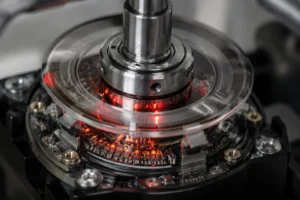 Nahaufnahme eines optischen Encoder-Sensors mit transparenter Codescheibe und Si-PIN-Fotodioden für hochpräzise Motorsteuerung