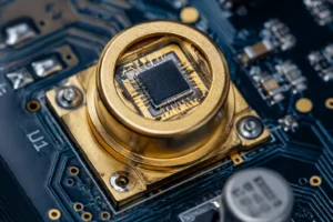 Aufbau zur Rauschanalyse von Photodioden, der eine Hochleistungs-Si-PIN-Photodiode auf einer rauscharmen Leiterplatte zeigt