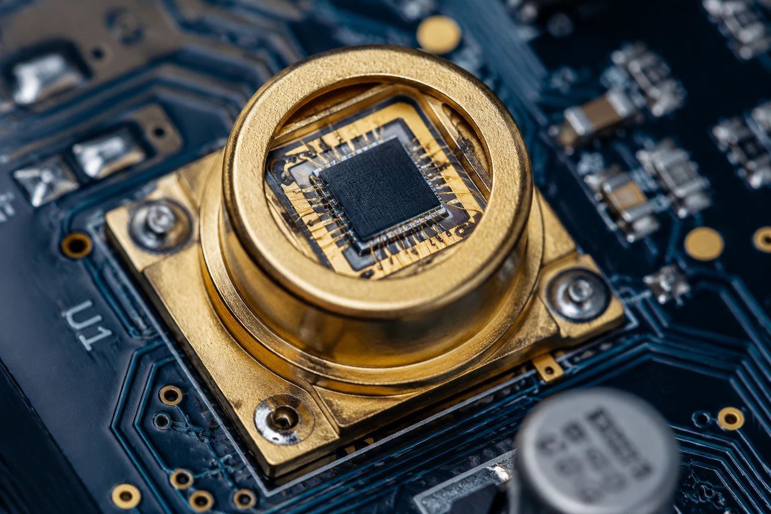 Aufbau zur Rauschanalyse von Photodioden, der eine Hochleistungs-Si-PIN-Photodiode auf einer rauscharmen Leiterplatte zeigt