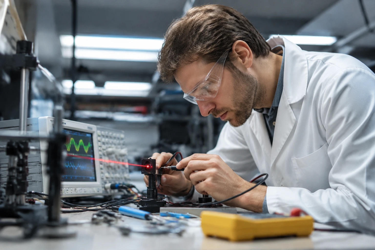Ingenieur bei der Fehlersuche an einer Fotodiode eines optischen Sensors an einem Laborarbeitsplatz