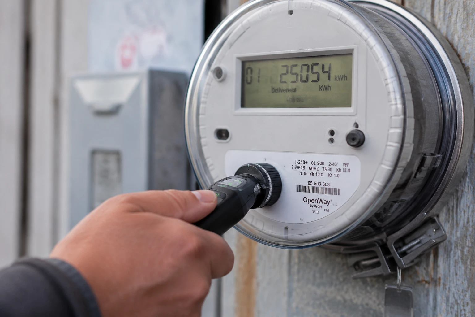 Ein Techniker verwendet eine Infrarotsonde an der optischen Schnittstelle eines Smart Meters, die mit einer hochempfindlichen PIN-Fotodiode zum Auslesen von Smart-Meter-Daten ausgestattet ist