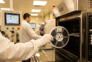 Ingenieur beim Backen von SMD-Fotodioden zur Vermeidung von Feuchtigkeitsschäden in einem Konvektionsofen