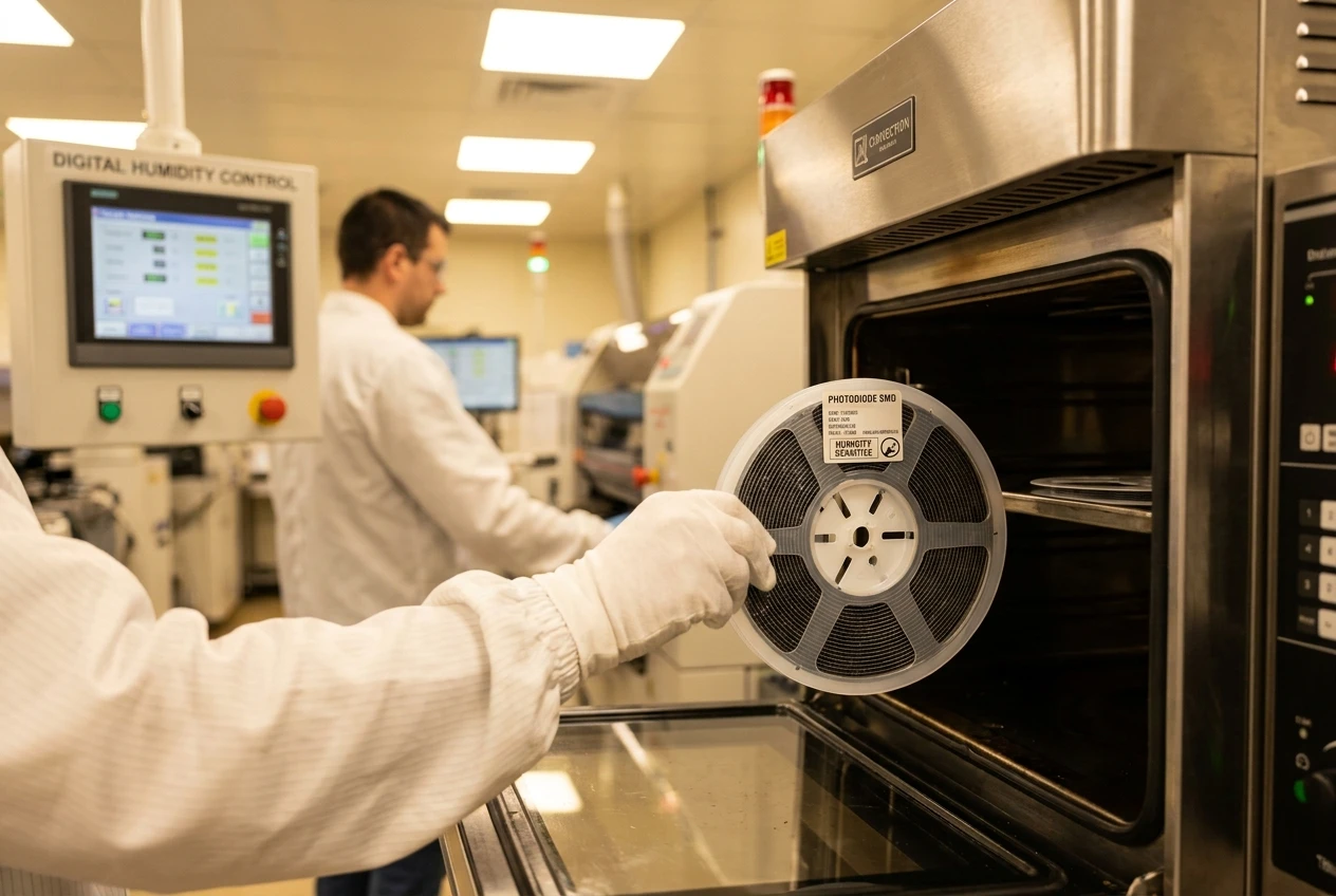 Ingenieur beim Backen von SMD-Fotodioden zur Vermeidung von Feuchtigkeitsschäden in einem Konvektionsofen