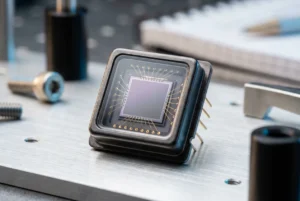 sensor de fotodiodo de silicio en encapsulado TO-can que muestra el chip de silicio detallado y la unión de hilos de oro bajo iluminación de laboratorio profesional