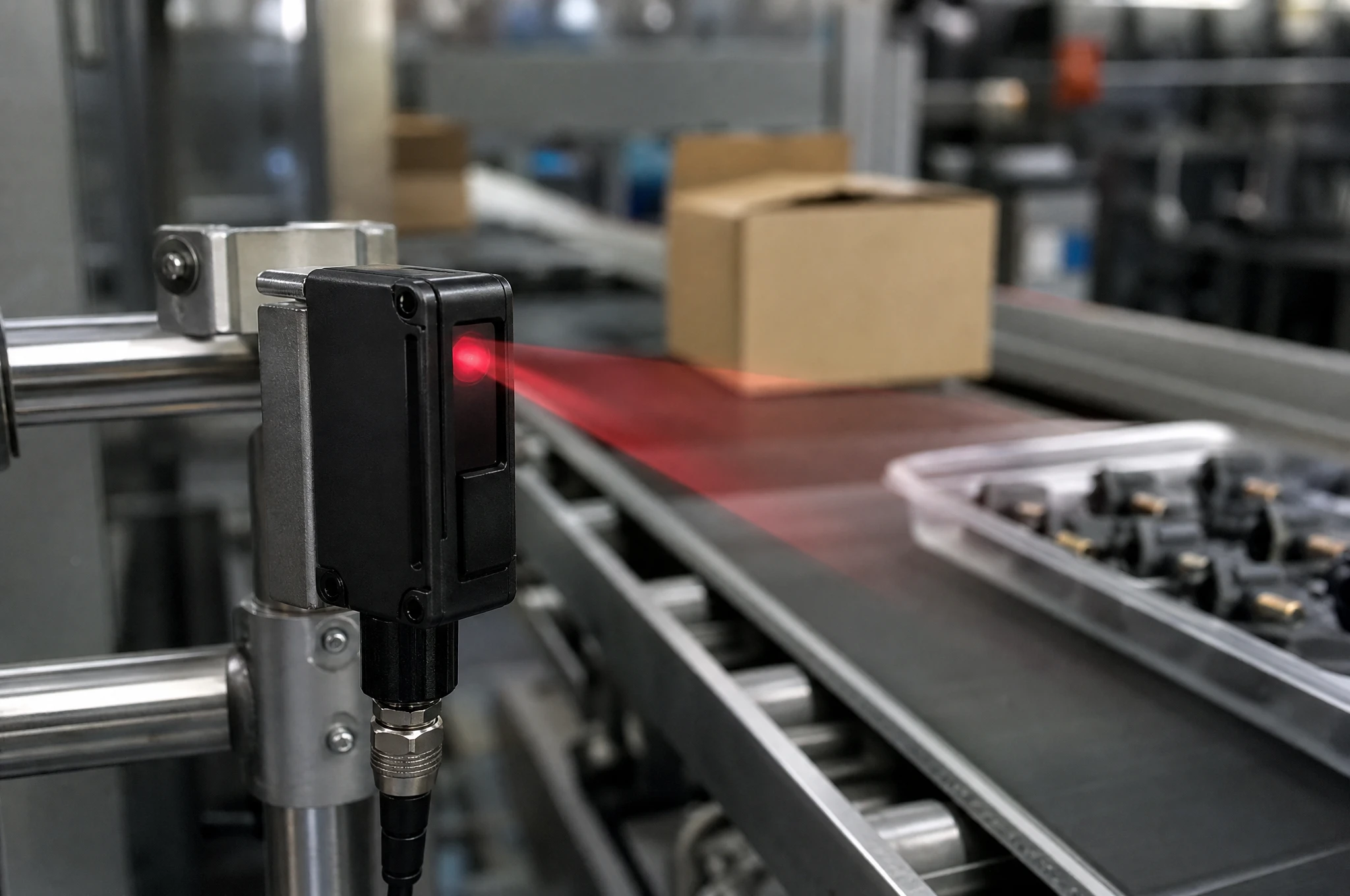 Realistic factory photo of 20-degree beam angle 855nm NIR LED installed in optical sensor system improving detection accuracy on conveyor line