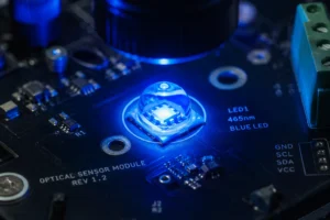 4mW radiant flux 465nm blue LED emitter emitting clean blue light in industrial sensor application