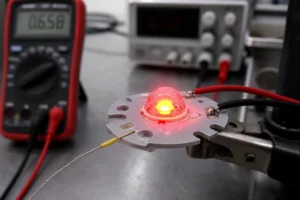 Eine Nahaufnahme eines zerlegten Aluminium-Sensorgehäuses und einer Kupfer-Leiterplatte, die zur Maximierung der Wärmeableitung der roten 625-nm-LED entwickelt wurden.