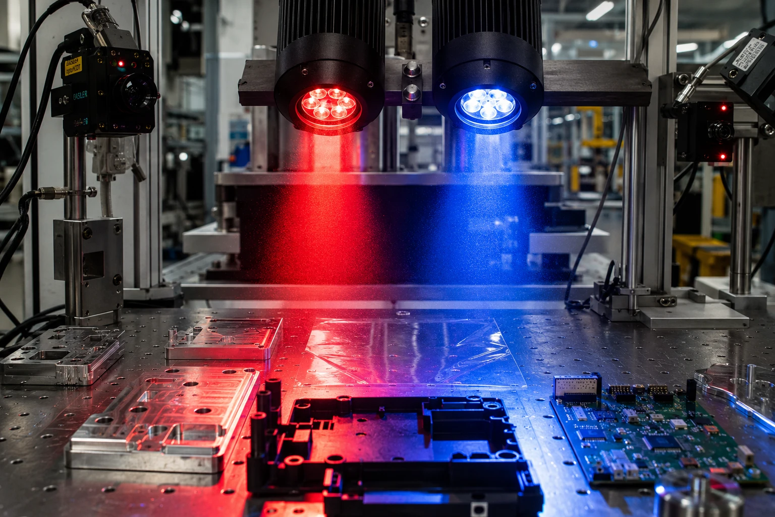 625nm red LED vs 465nm blue LED illuminating different industrial materials during sensor testing