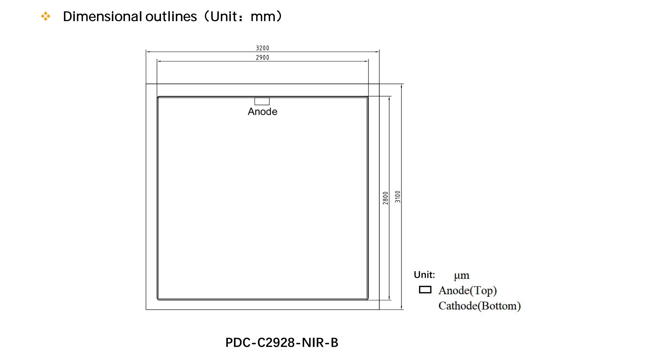 Dimensional drawing of PDC-C2928-NIR-B 940nm PIN photodiode chip with 2.9x2.8mm active area