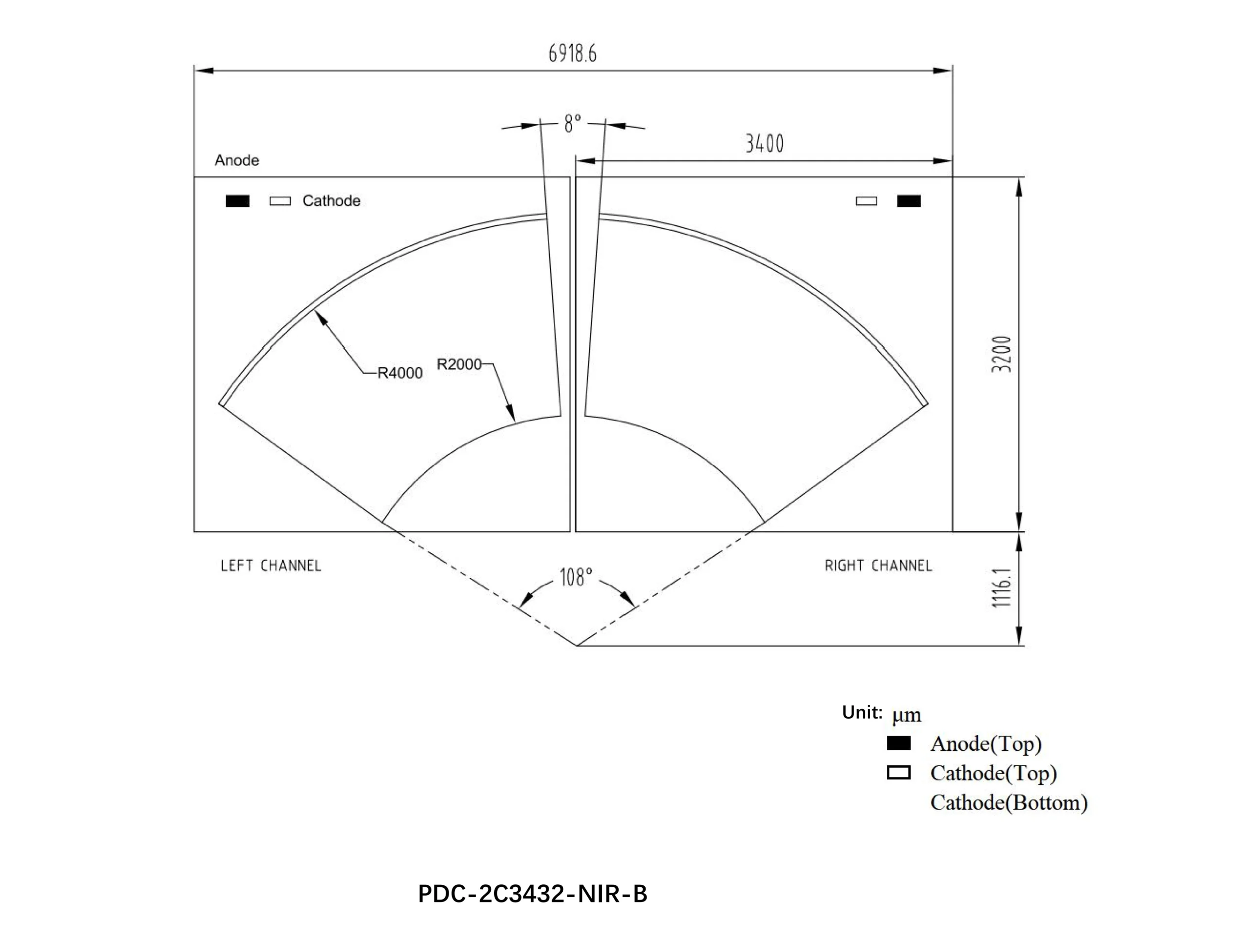 Dimensional outline of PDC-2C3432-NIR-B segmented PIN photodiode chip with dual channel tracking