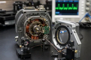 An opened laser galvanometer scanner on an engineering workbench showing the inner workings and wiring of a galvo position feedback sensor