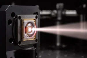 Close-up of high radiance 850nm NIR LED emitting powerful infrared light in industrial testing environment