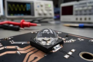 Close-up photo of a high radiance IR LED emitter with a dome lens mounted on a black circuit board inside an optics laboratory
