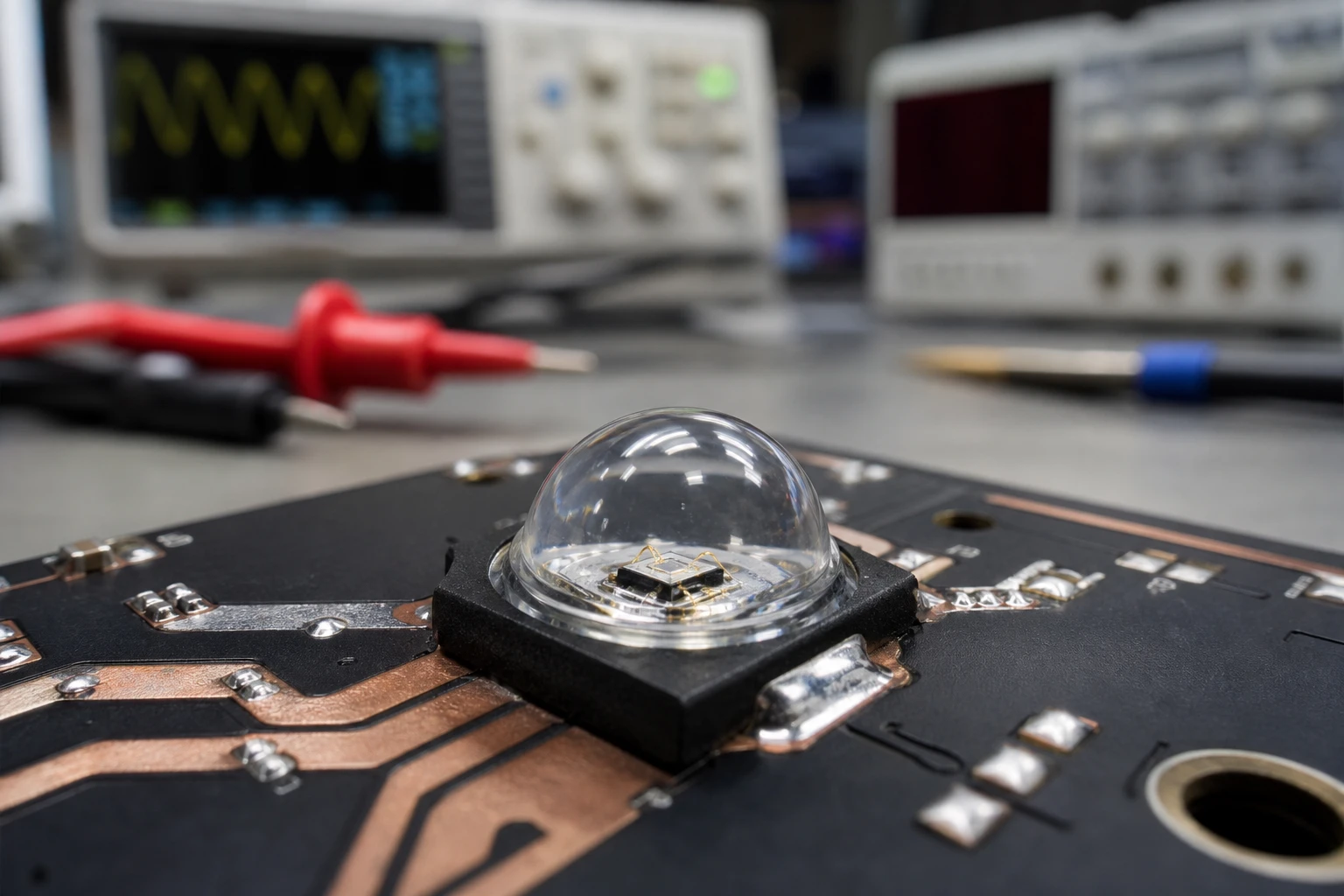 Close-up photo of a high radiance IR LED emitter with a dome lens mounted on a black circuit board inside an optics laboratory