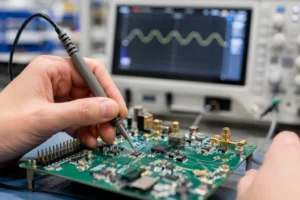 An electronics engineer testing a high-precision galvanometer driver board equipped with a low noise silicon PIN photodiode to eliminate signal jitter