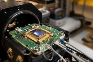 Close-up of a high-precision silicon chip acting as a low thermal drift photodetector on a custom PCB