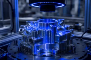 A 465nm blue machine vision LED ring light illuminating a polished metal surface to inspect micro-scratches on an industrial assembly line