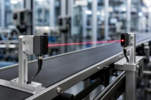 Präzise Einrichtung eines photoelektrischen Sensors unter Verwendung eines 4-Grad-Schmalstrahl-Senders an einem Hochgeschwindigkeits-Industrieförderband zur Vermeidung von optischem Übersprechen.