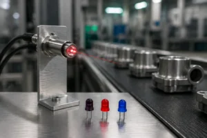 Close-up of different types of Optical Switch LED used in industrial photoelectric sensors in a real factory setting