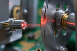 A high-performance 4-degree Rotary Encoder LED emitting a collimated light beam through a metallic encoder disc on a circuit board