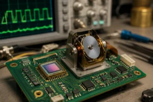 Close-up macro view of a custom PCB featuring a 920nm silicon PIN photodiode integrated into a budget-friendly laser scanner position feedback loop