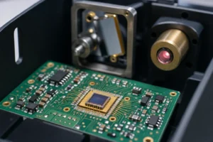 Galvanometer position detector chip mounted as a bare-die COB photodiode with gold bond wires and a nearby transimpedance amplifier