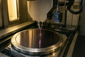 Industrial laser micro-machining setup utilizing a high sensitivity 940nm photodiode sensor for real-time positioning feedback on a silicon wafer