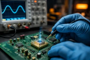 An engineer testing a high shunt resistance detector on a precision PCB to measure weak optical signals in an analog laboratory
