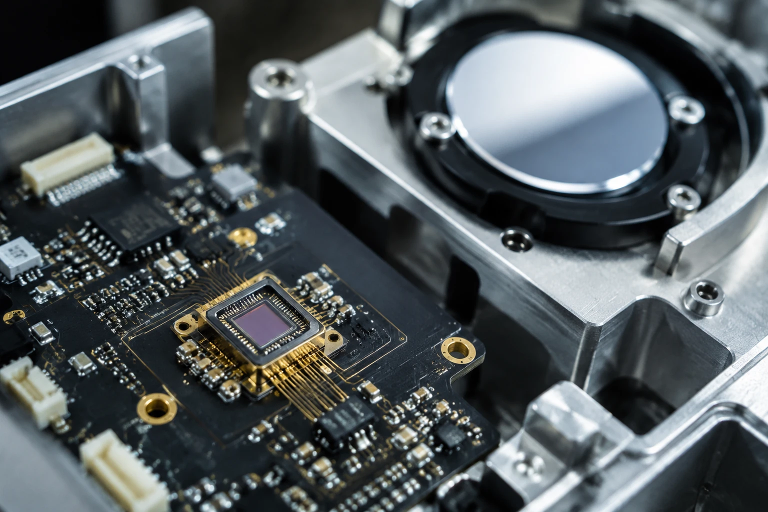 An interior view of an open galvanometer scanner assembly, showing a silicon sensor optimized to minimize high speed photodiode capacitance in the feedback loop