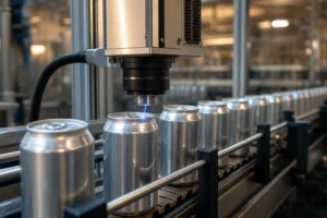 A high-speed bottling factory conveyor belt utilizing a precise laser marking scanner position sensor to etch codes on cans