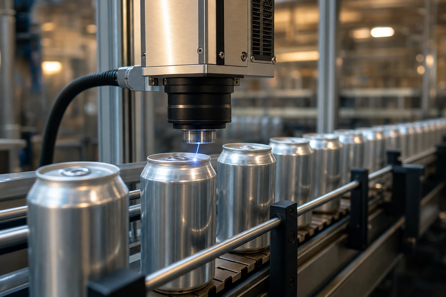 A high-speed bottling factory conveyor belt utilizing a precise laser marking scanner position sensor to etch codes on cans