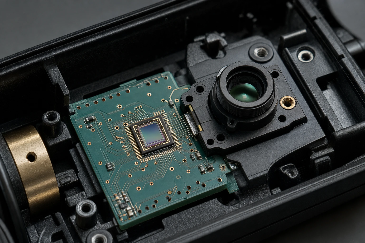 Inside a compact handheld laser medical device showing a custom PCB integrated with a low dark current photodiode chip for heat resistance